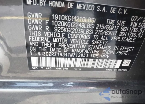 2026 Honda Hr-V 2Wd Lx from USA, damaged, VIN 3CZRZ1H34TM712833
